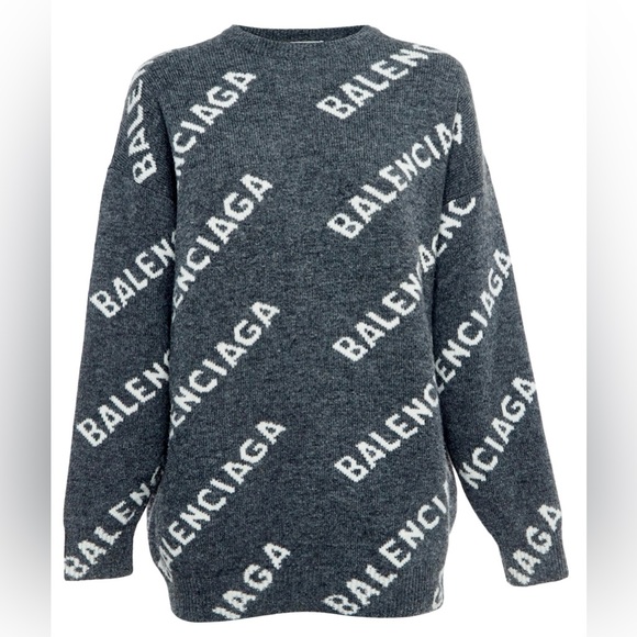 Balenciaga Grey Logo Intarsia Wool Knit Sweater - Picture 2 of 6